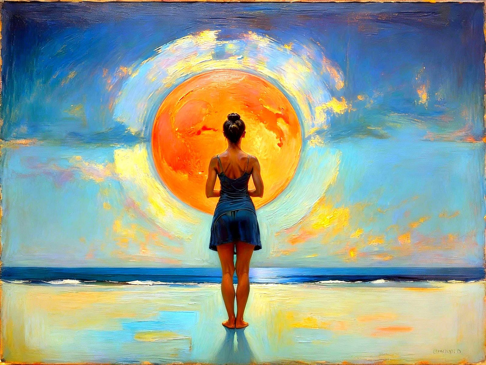 Surreal Beach Scene with Orange Moon