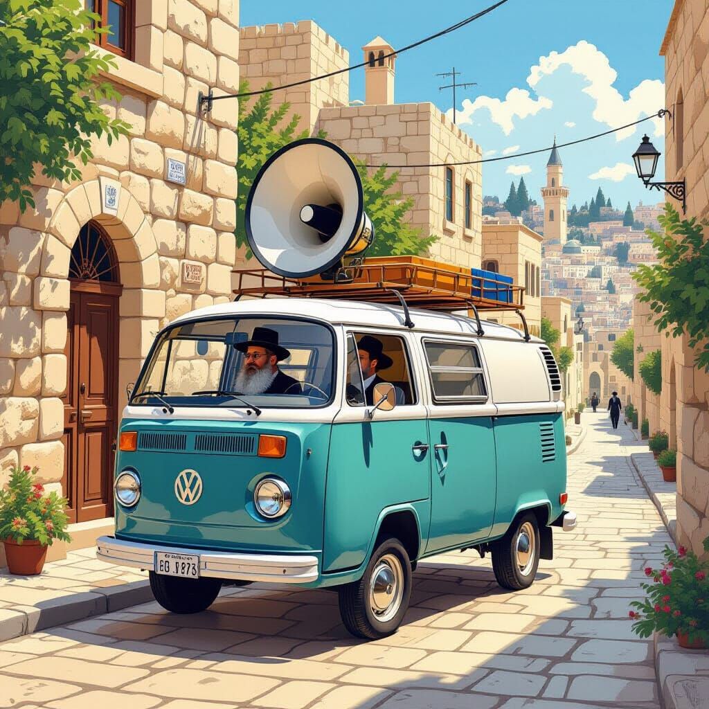 Vintage Funeral Van in Jerusalem Street Scene