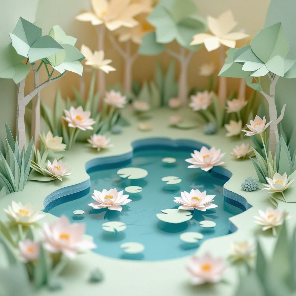 Serene Pond Scene in Delicate Papercraft Style