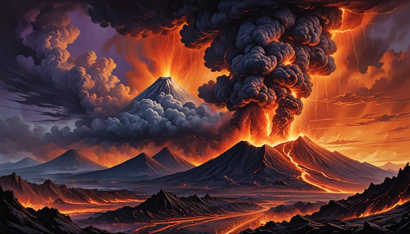 Epic Volcanic Eruption in Vibrant Oil Colors