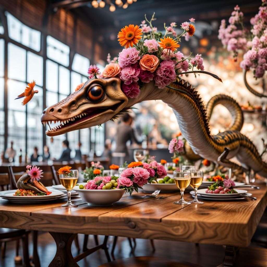 Surreal Feast: Bizarre Creatures in Restaurant Setting