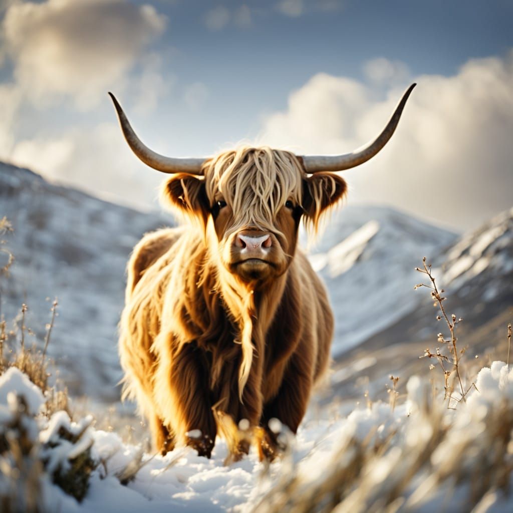 Whimsical Highland Cow in Snowy Paradise