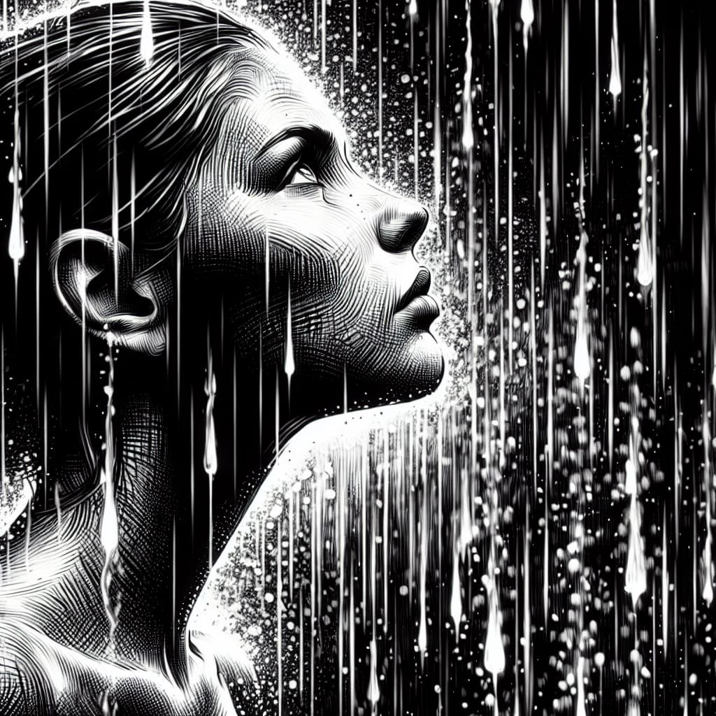 Ink Portrait of Woman in Rain, Black and White