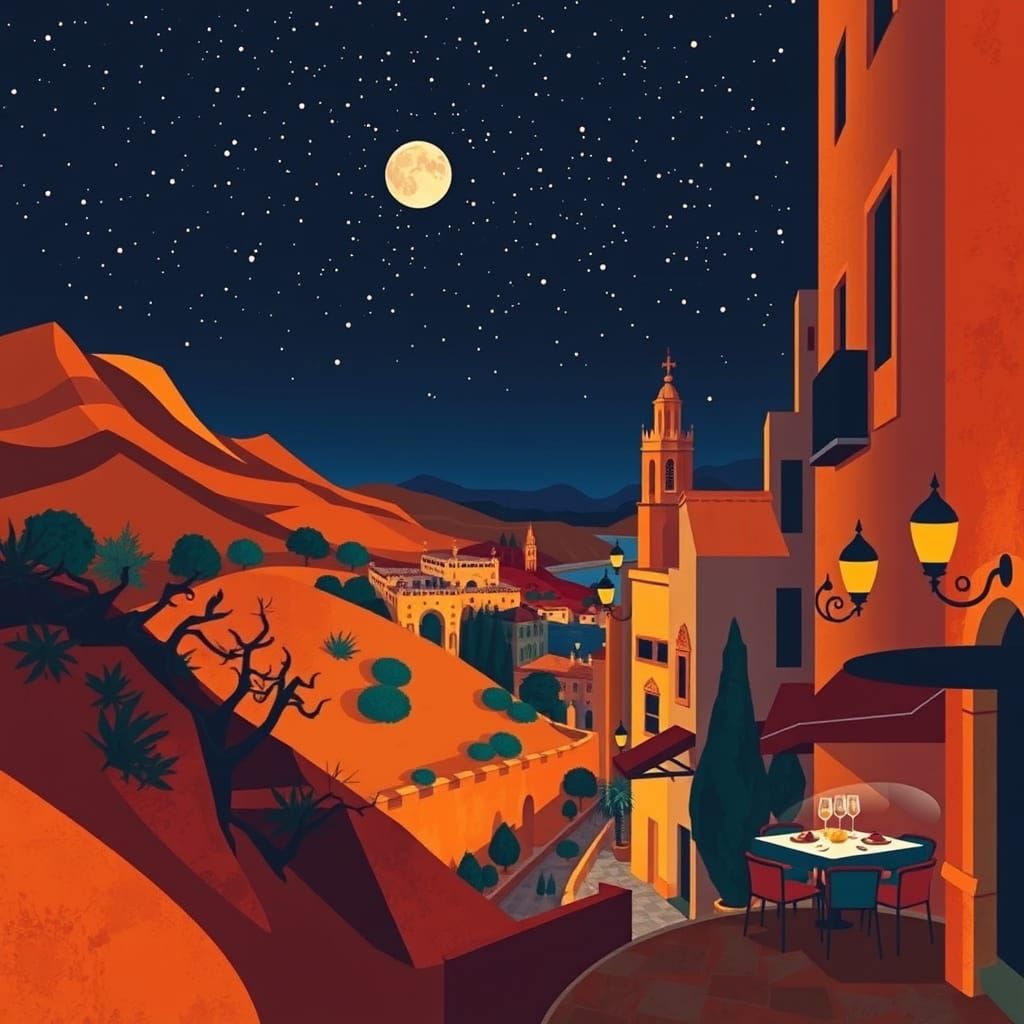 Cubist Spanish Night: Arid Landscapes and Ancient Alleys