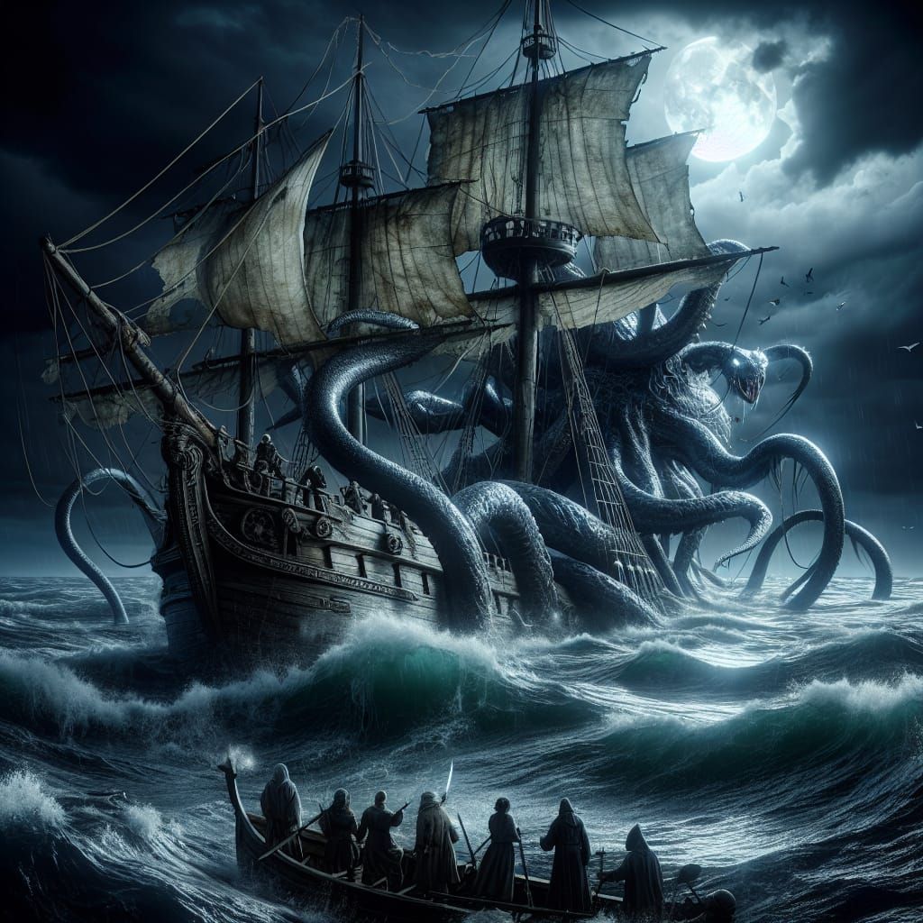 Kraken Attacks Ship in Icy Dark Seas