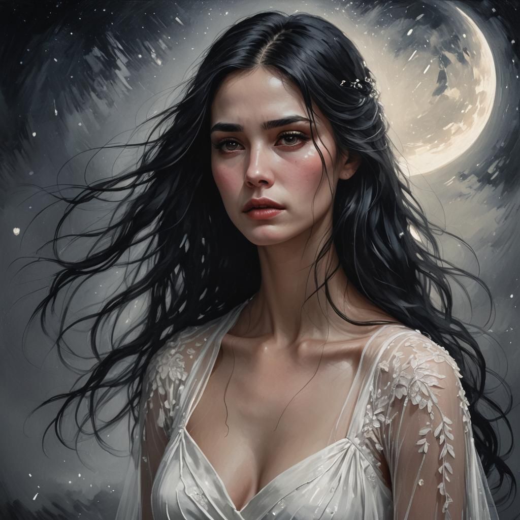 Heartbroken Woman in Moonlight, Art Nouveau Portrait