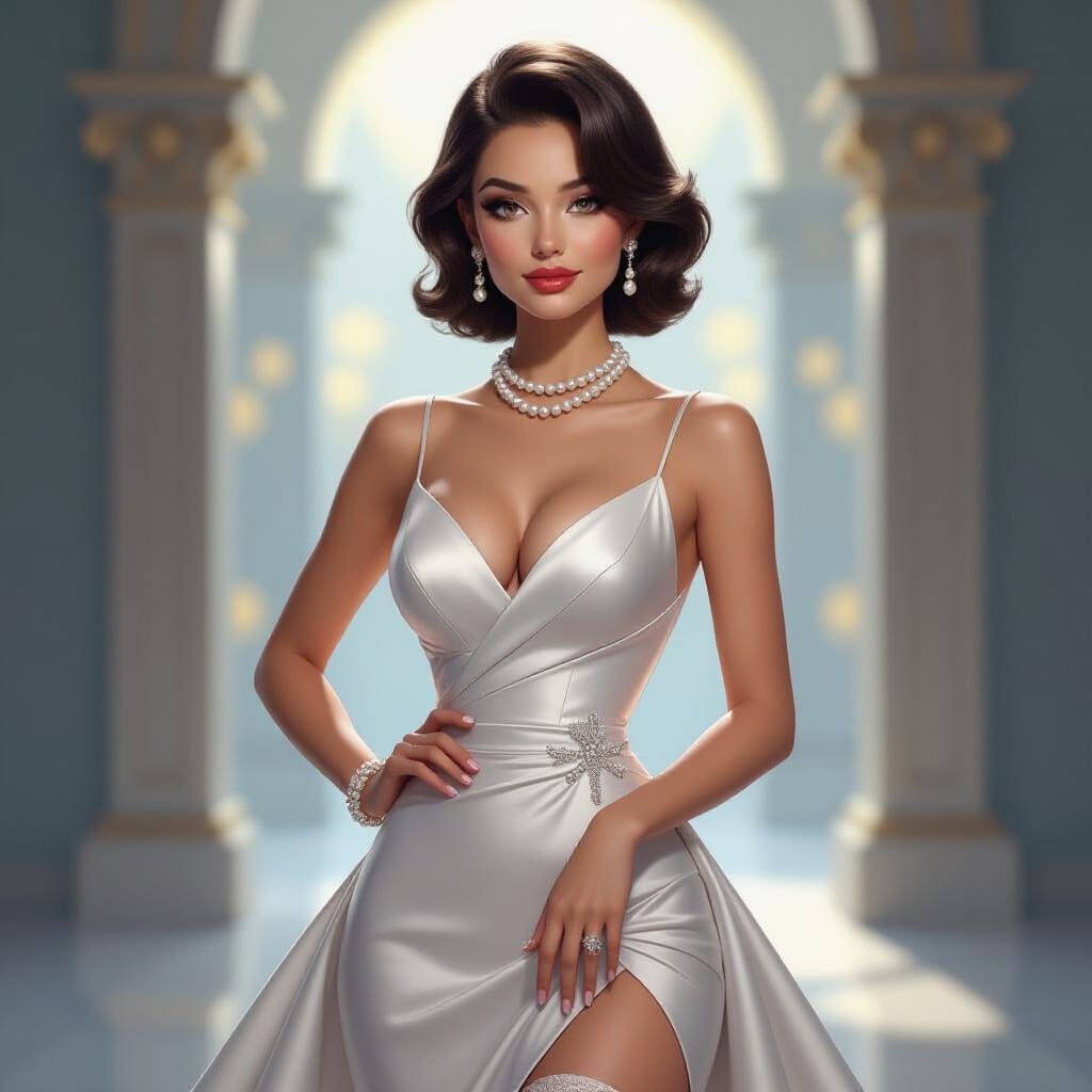 Elegant Woman in Pearl Accents and Silver Heels, 3D Art Styl...