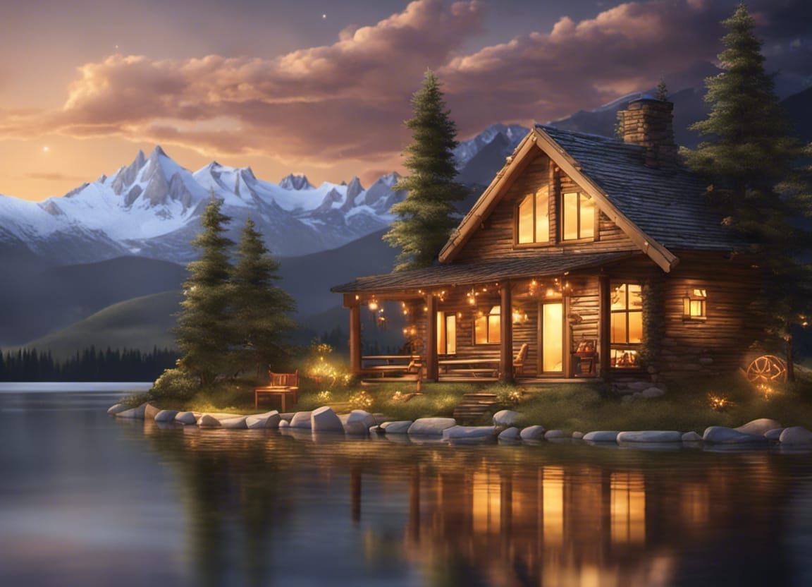 Cozy Lakeside Cabin at Dusk: Origami Papercraft Style