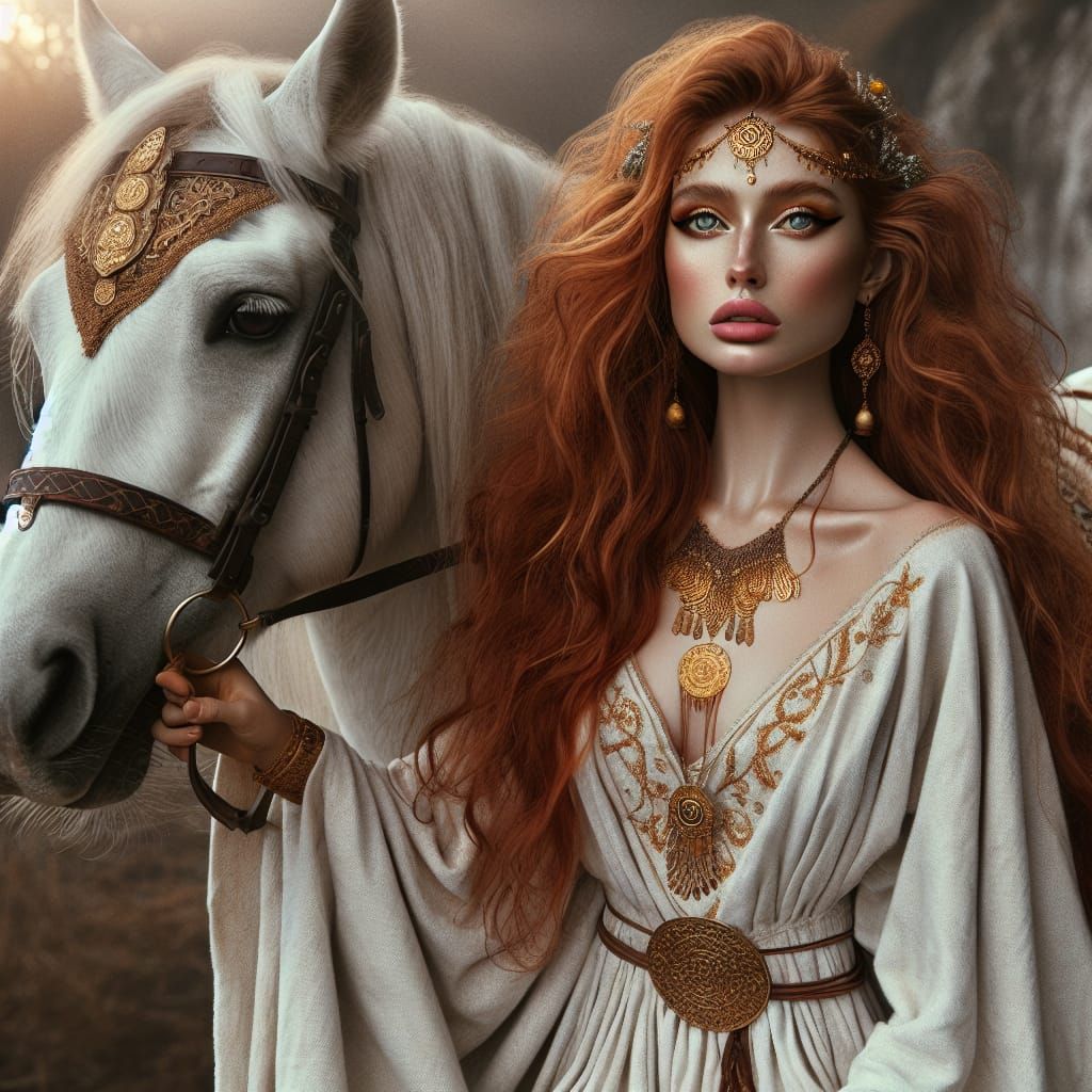 Celtic Goddess Epona on White Stallion