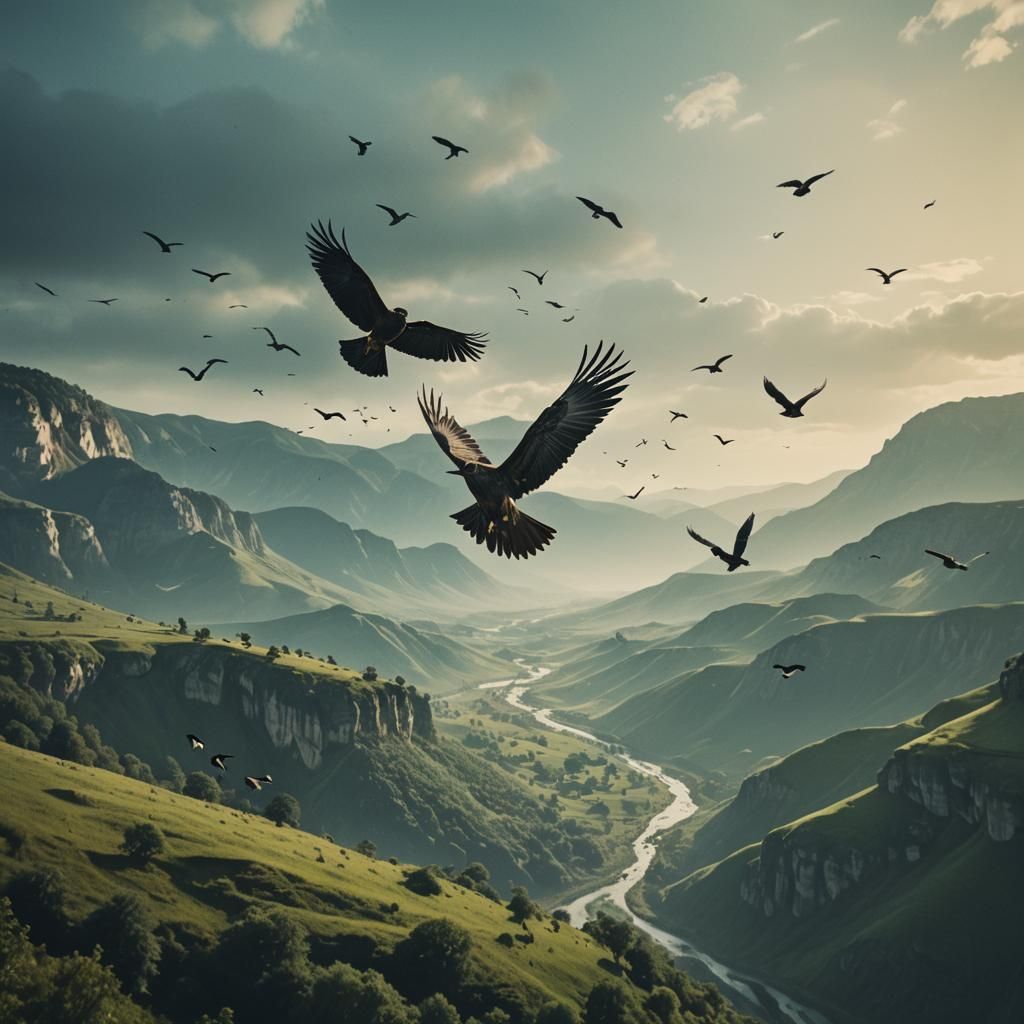 Birds Fly Over Dramatic Fantasy Valley
