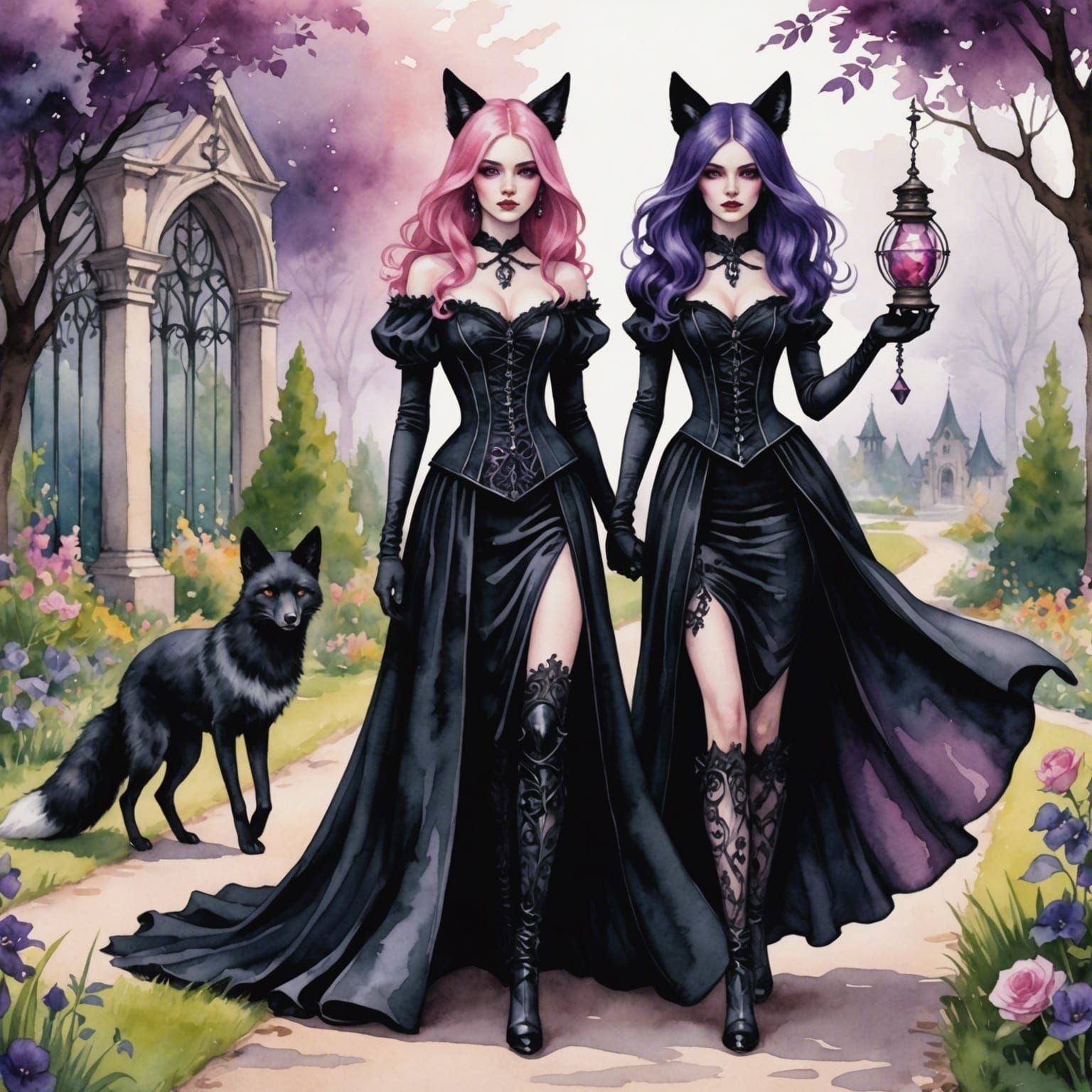 Gothic Women Stroll Through Garden in Watercolor Style