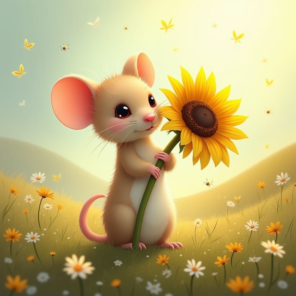 Enchanted Mouse with Sunflower in Dreamy Meadow