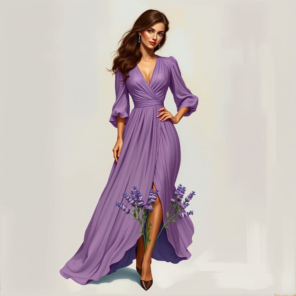 Elegant Brunette in Lavender Bouquet Oil Painting