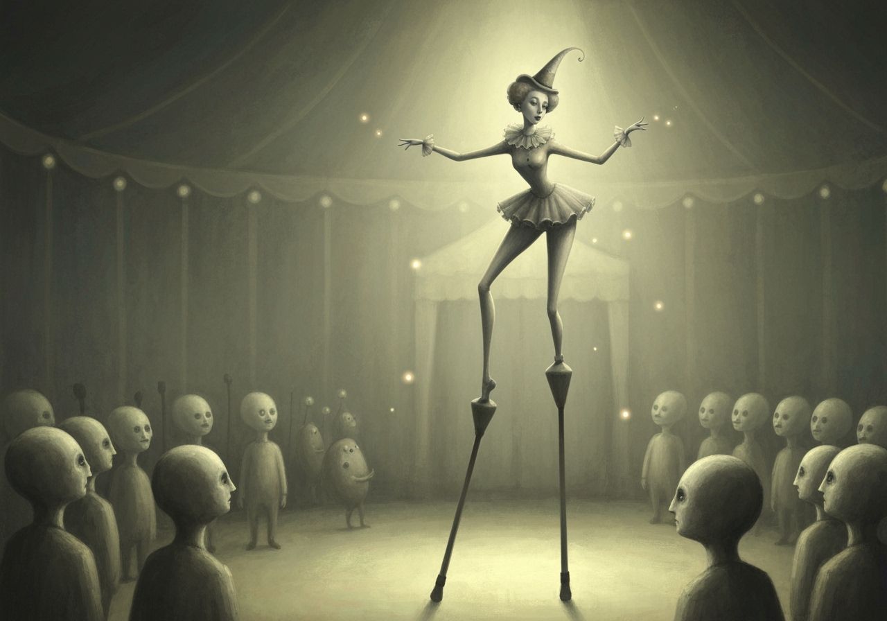 Surreal Stilt Walker in Dreamlike Circus Tent