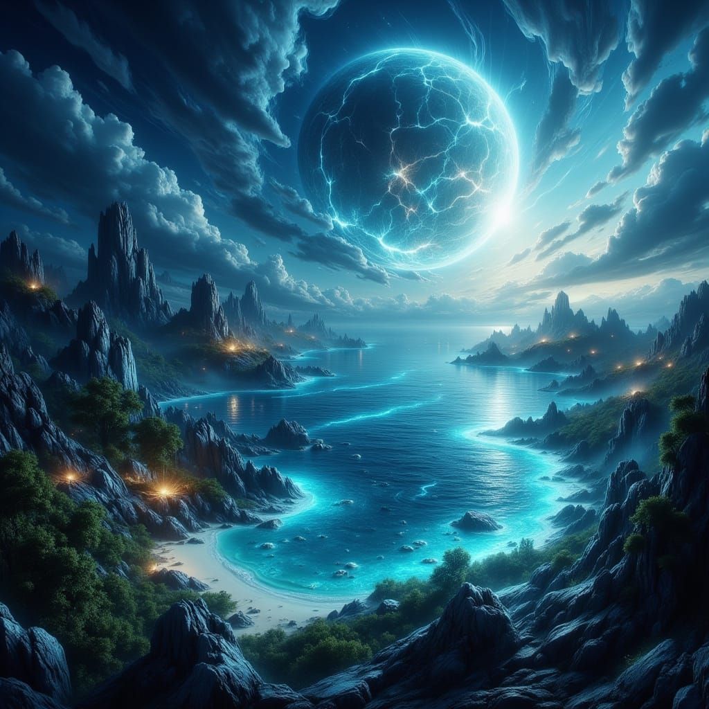 Tropical Ocean Planet Cenaris II From Orbit, Bioluminescent ...