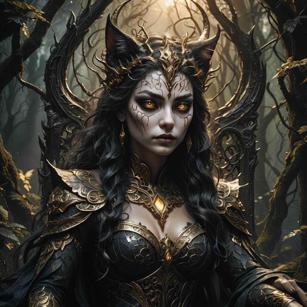 Cat Demon Goddess in Mystical Forest