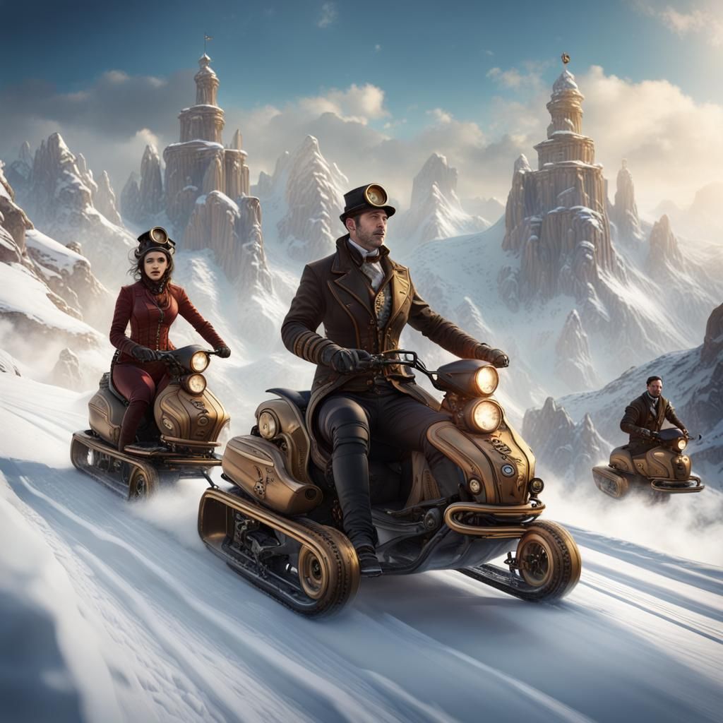 Steampunk Snowmobile Race in the Mountains