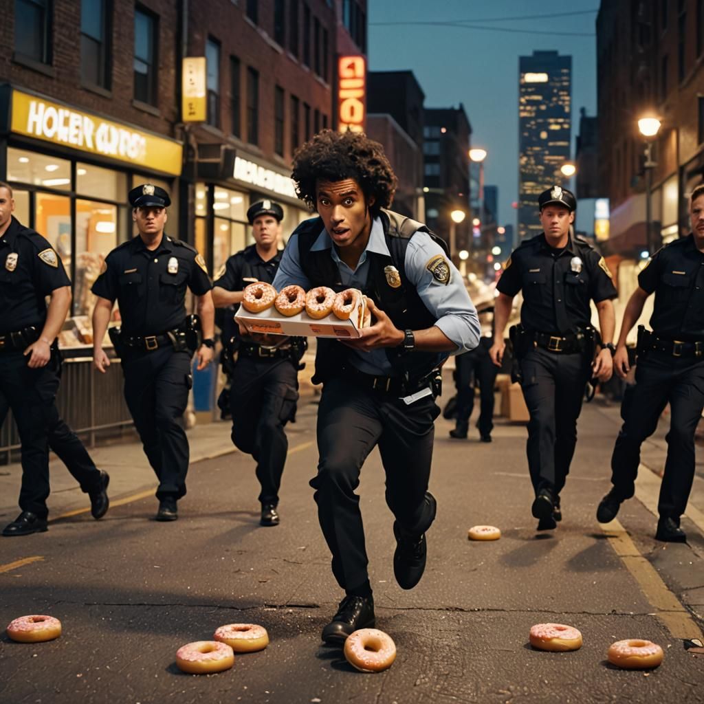 Cinematic Chase Scene with Donuts and Police