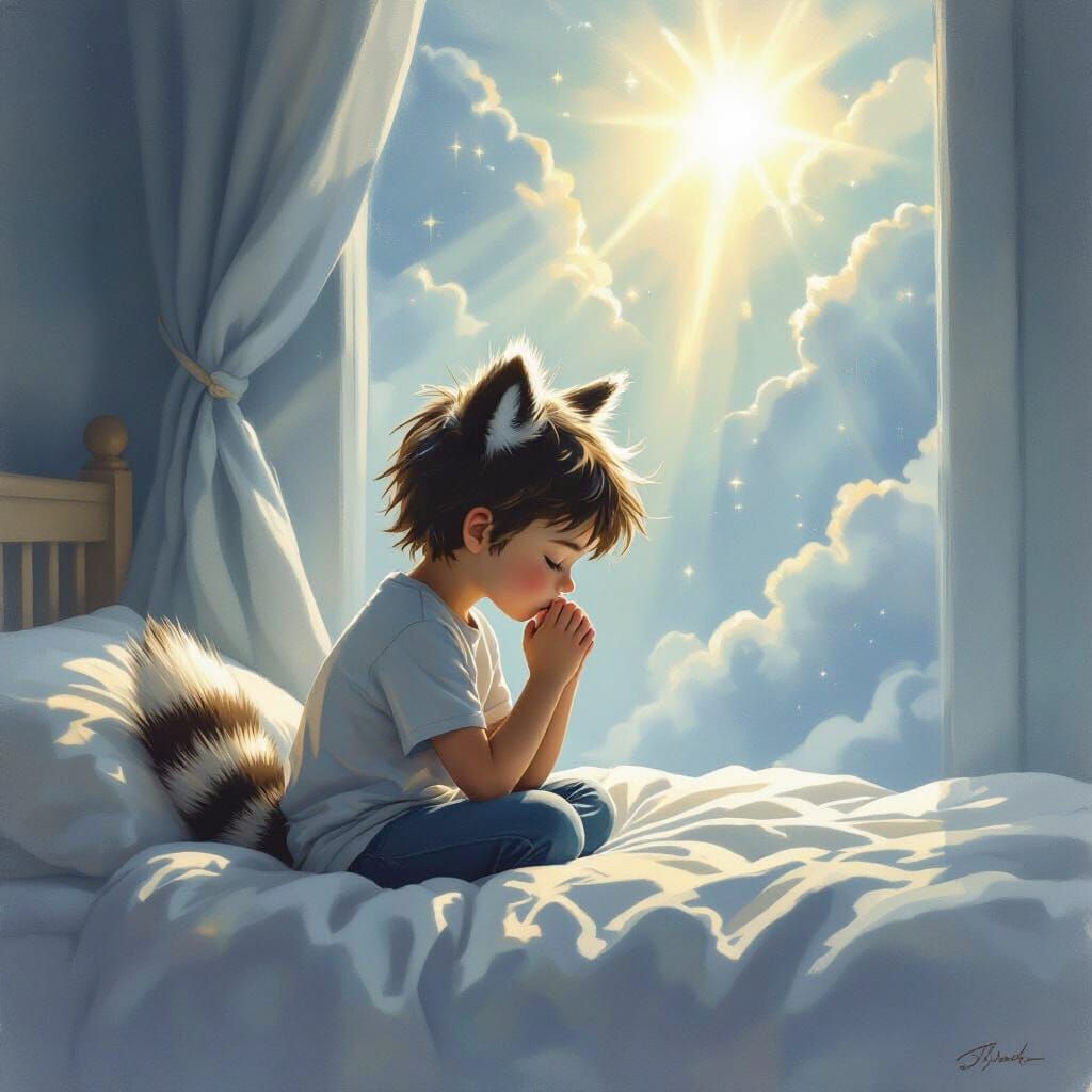 Raccoon-Eared Boy Praying for Misha in Ethereal Light