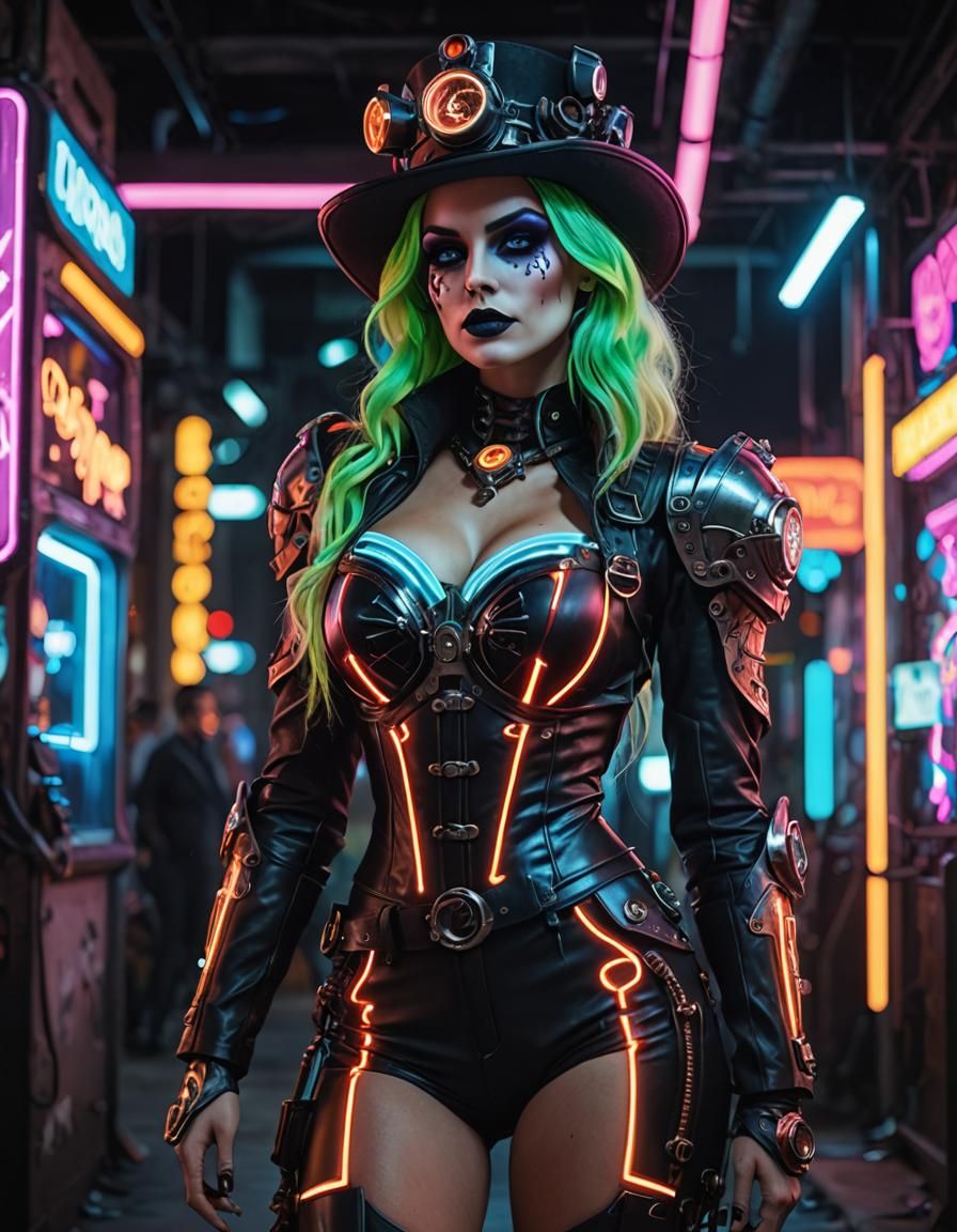 Hyperrealistic Steampunk Woman with Neon Lights