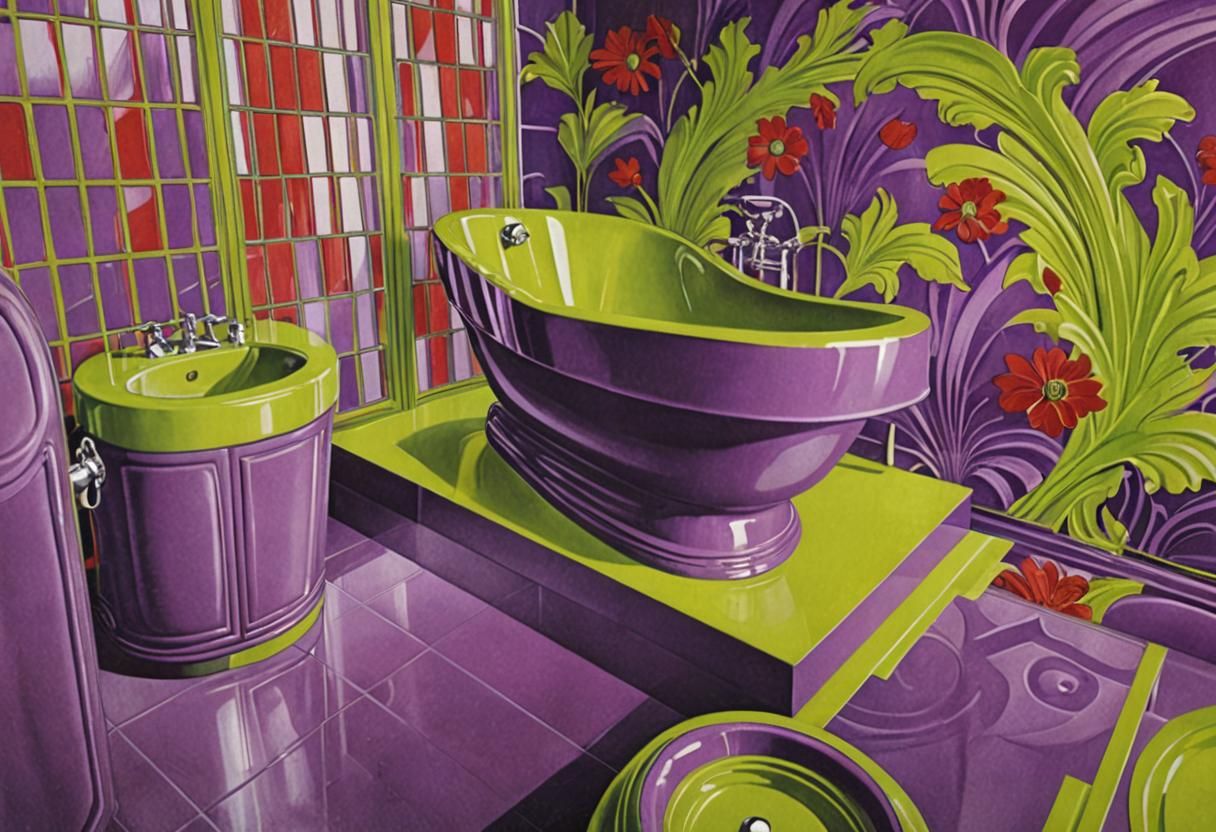 Glossy Art Deco Bathroom in Purple, Red, Chartreuse