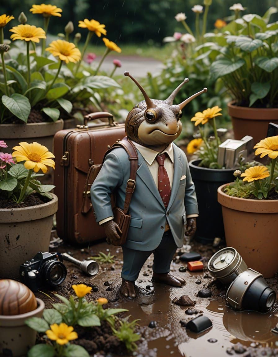 Frustrated Snail in Traffic Jam, Hyper-Realistic Style