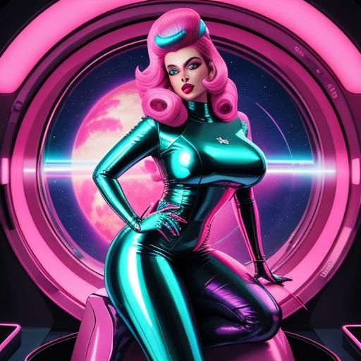 Cosmic Pin-Up Girl on Rocket in Pop Art Style