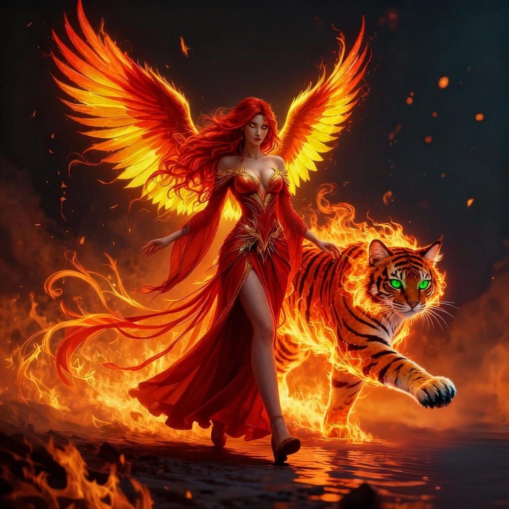 Fiery Woman and Tiger Walking Together Side By Side