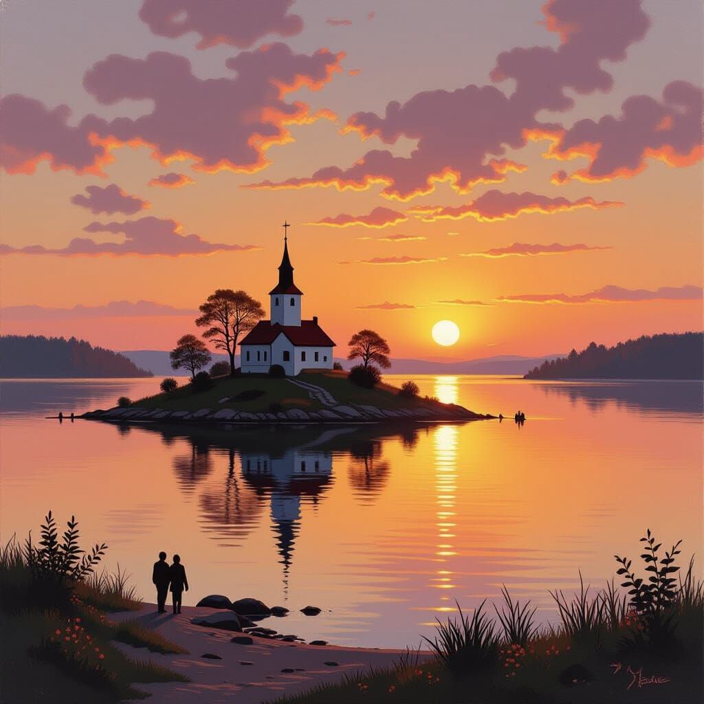 Serene Island Sunset with Silhouettes in Atmospheric Style