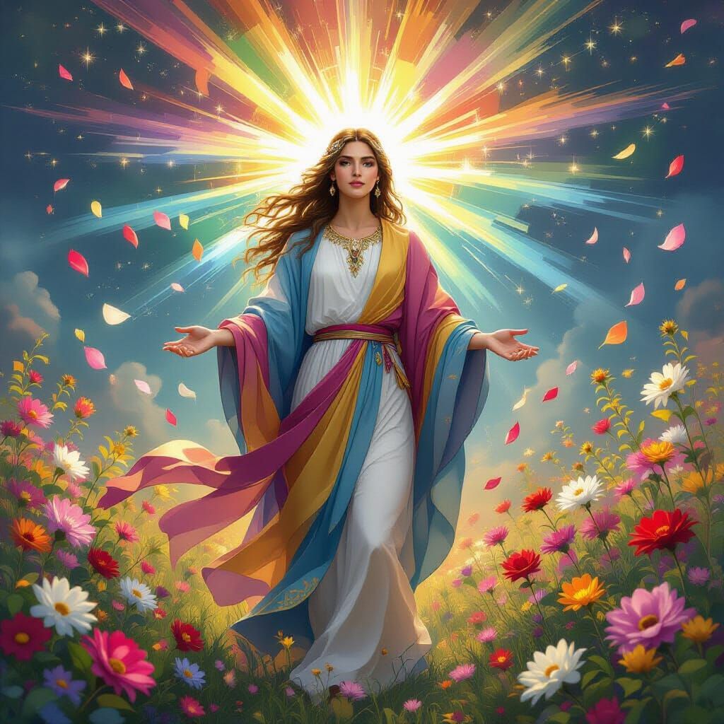 Divine Figure in Rainbow Robes Amidst Sacred Blossoms
