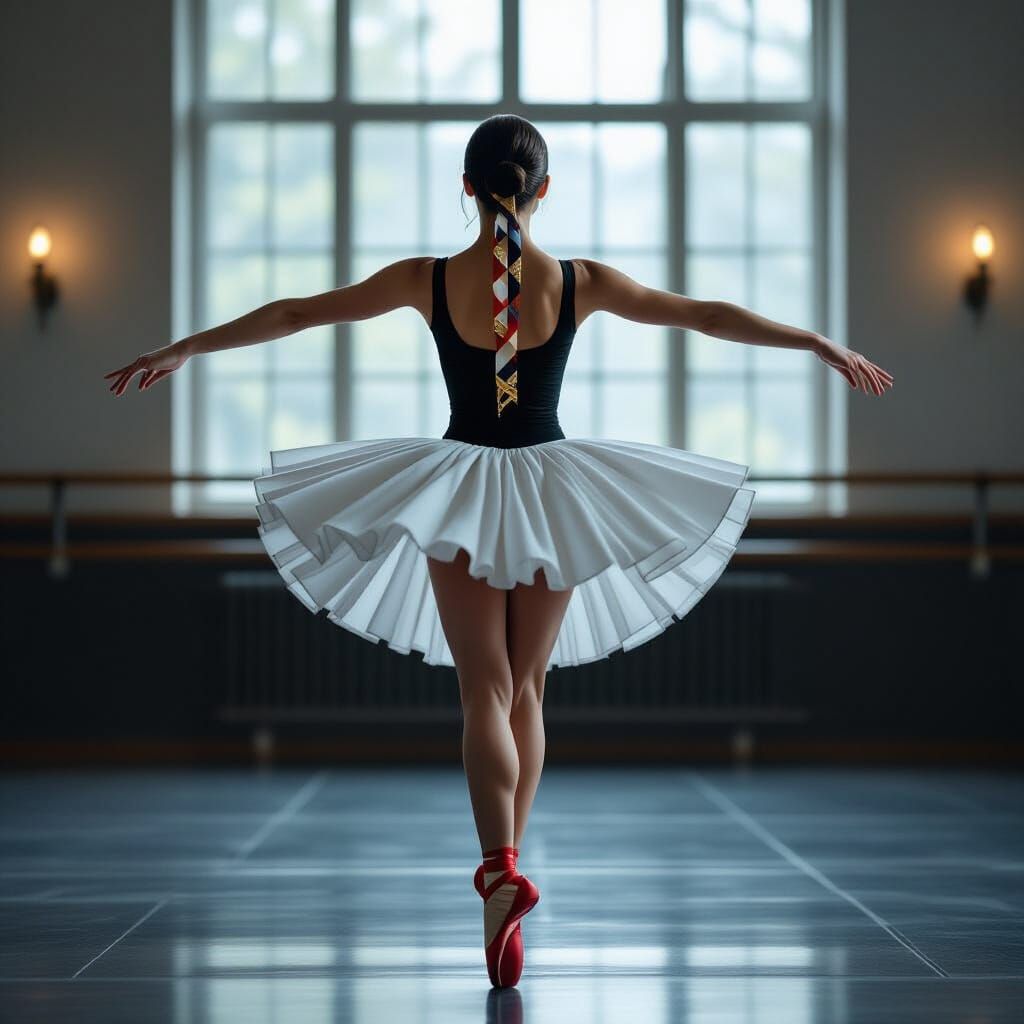 Ballerina in Mid-Leap Against Studio Mirror