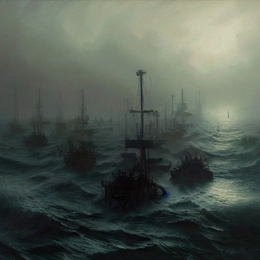 Eerie Ghost Pirate Fleet Painting on Foggy Sea