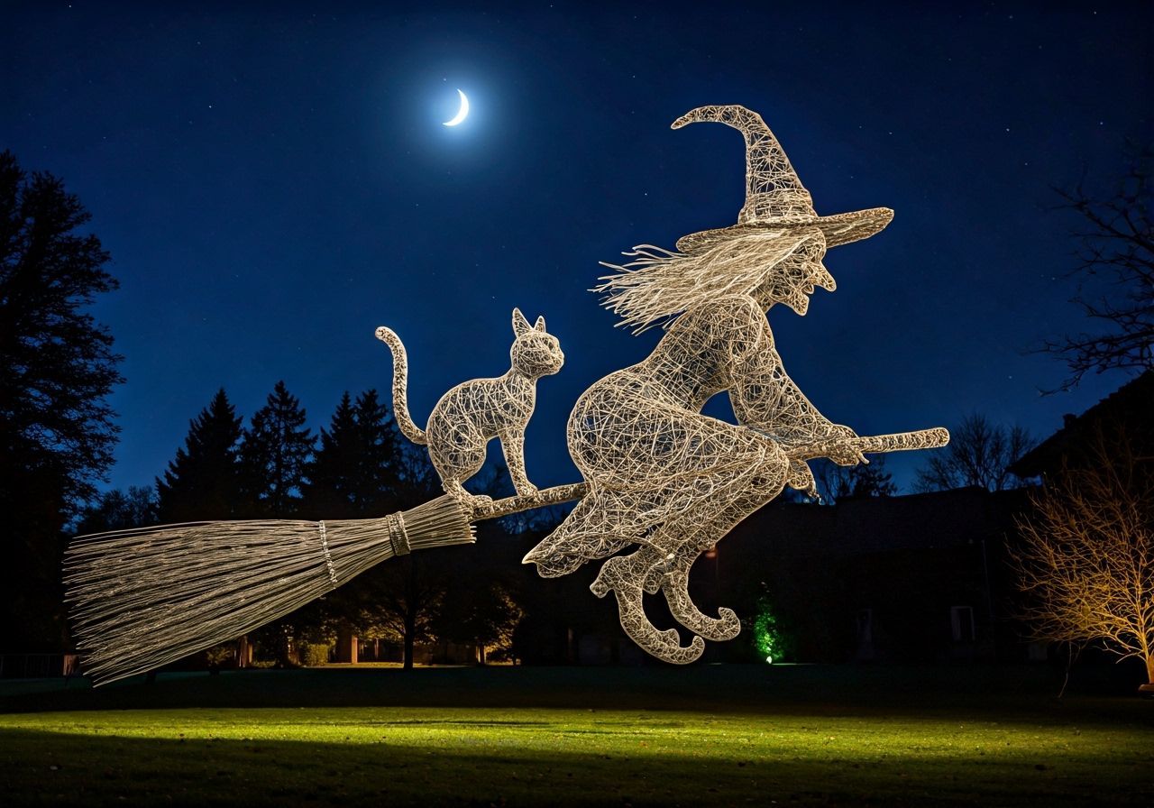 Moonlit Wire Sculpture of Witch, Cat, and Broom