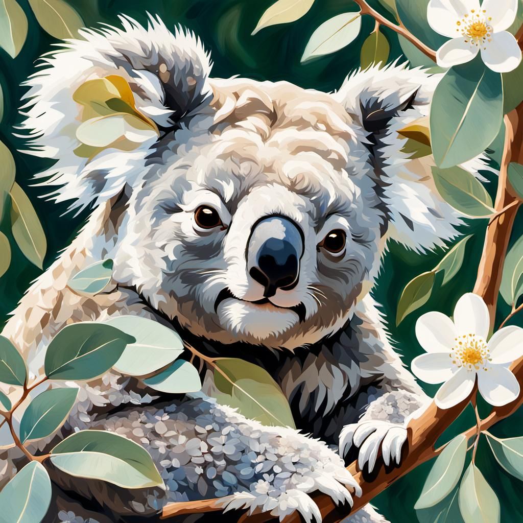 Koala Snoozing in Eucalyptus Tree: Impressionist Wildlife Ar...