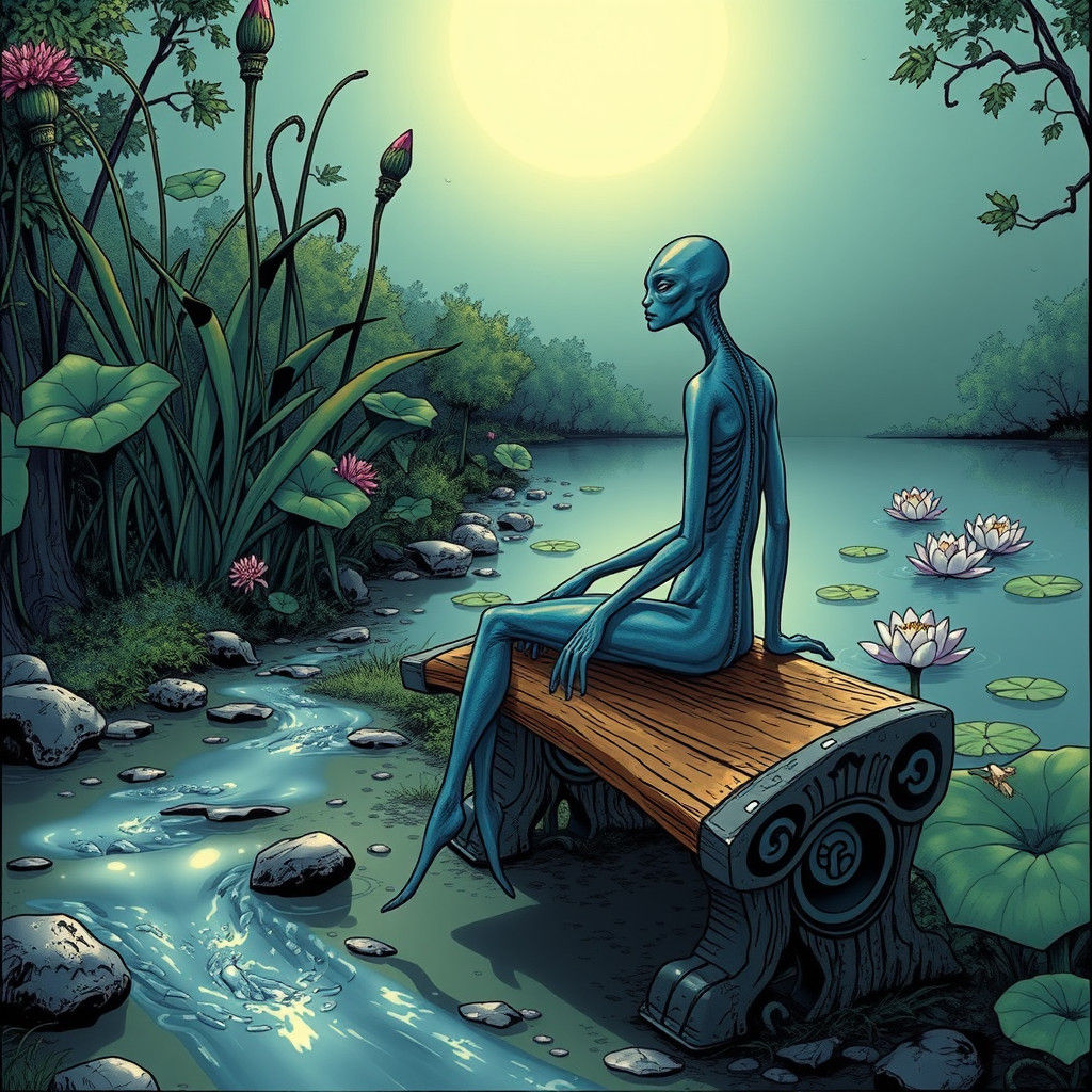 Alien Sitting by Brook, Moebius Style