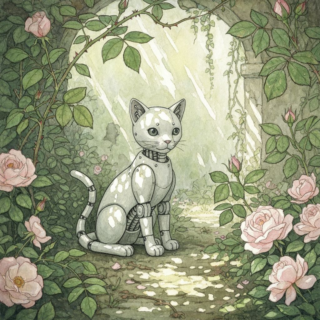 Porcelain Robotic Kitten in Overgrown Garden