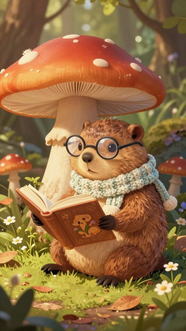 Groundhog Reads Book Under Mushroom in Cozy Children's Book ...