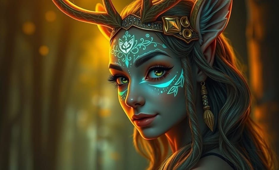 Bioluminescent Deer Elf Portrait in Forest at Night