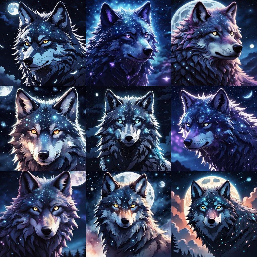 Constellation Wolf: Anime-Inspired Charcoal Art