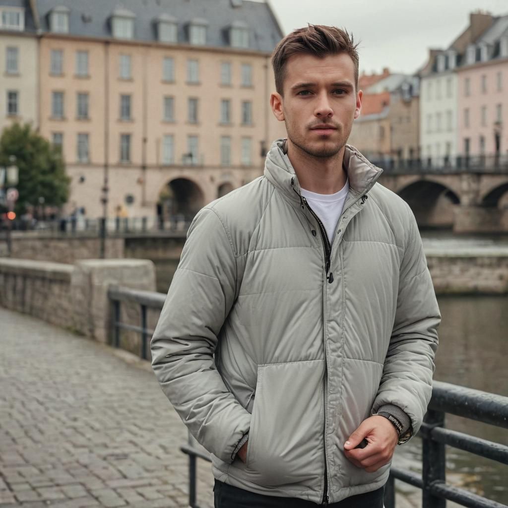 Photorealistic Man Walks Bridge in Historic Cityscape