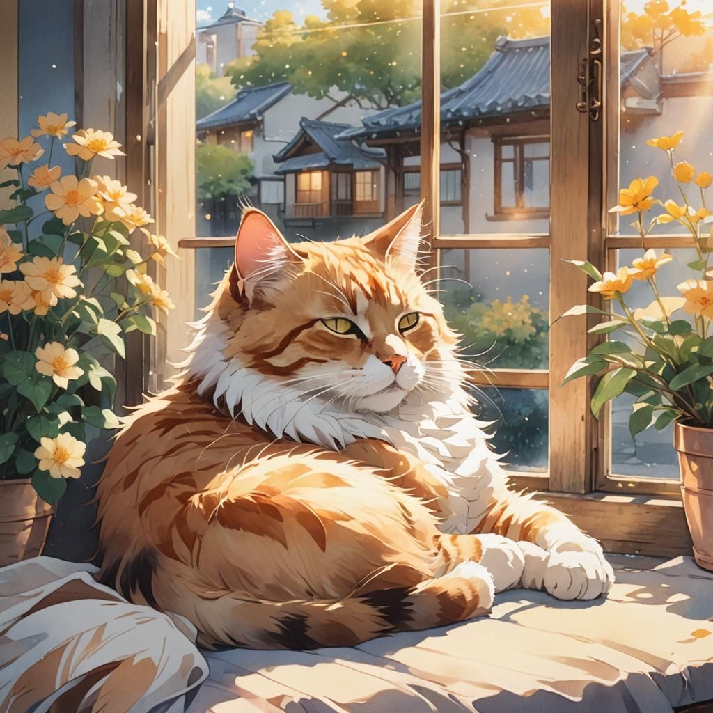Cat Sleeping at Window in Vibrant Anime Art