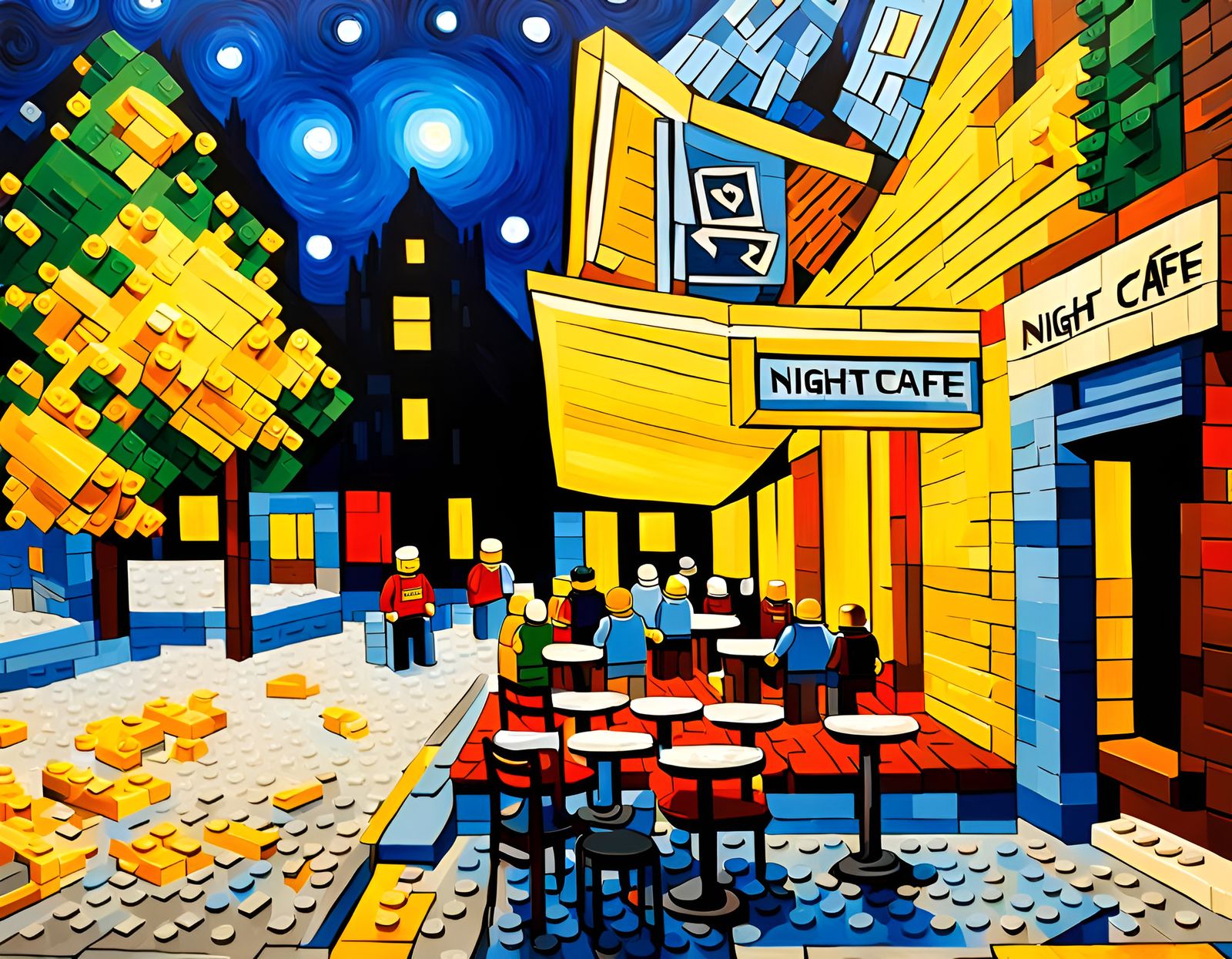 Night Cafe in Lego Style, Post-Impressionist Digital Art