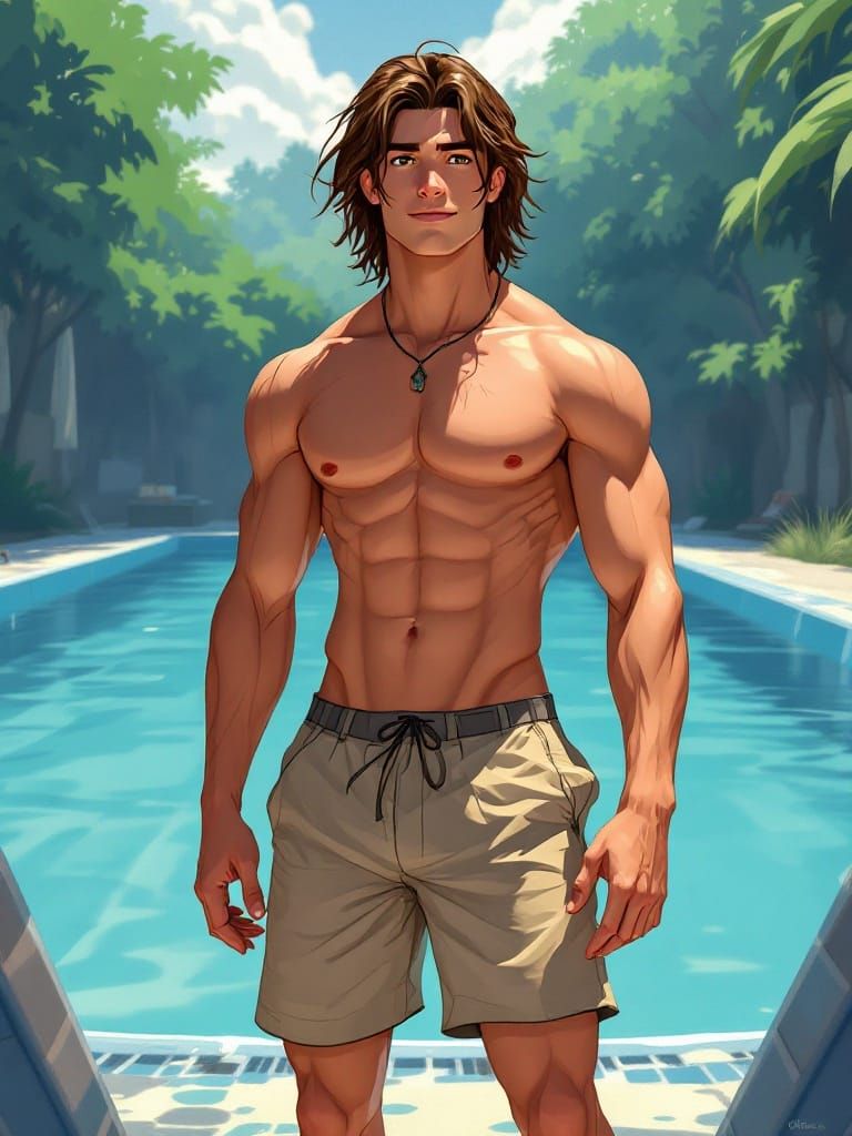 Vibrant Disney-Inspired Poolside Scene in Cel-Shaded Style