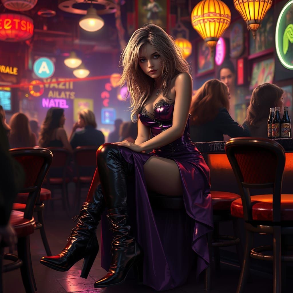 Emotional Woman Flirting in Retro Bar, Dark Fantasy Art