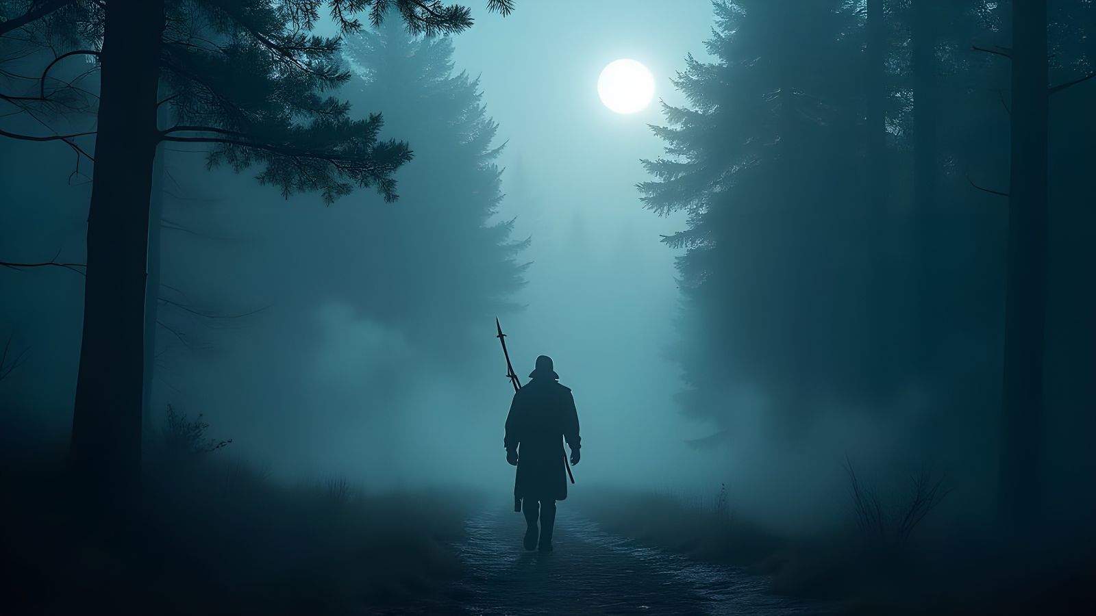 Nordic Warrior in Ethereal Fog, Ancient Forest and Glowing R...