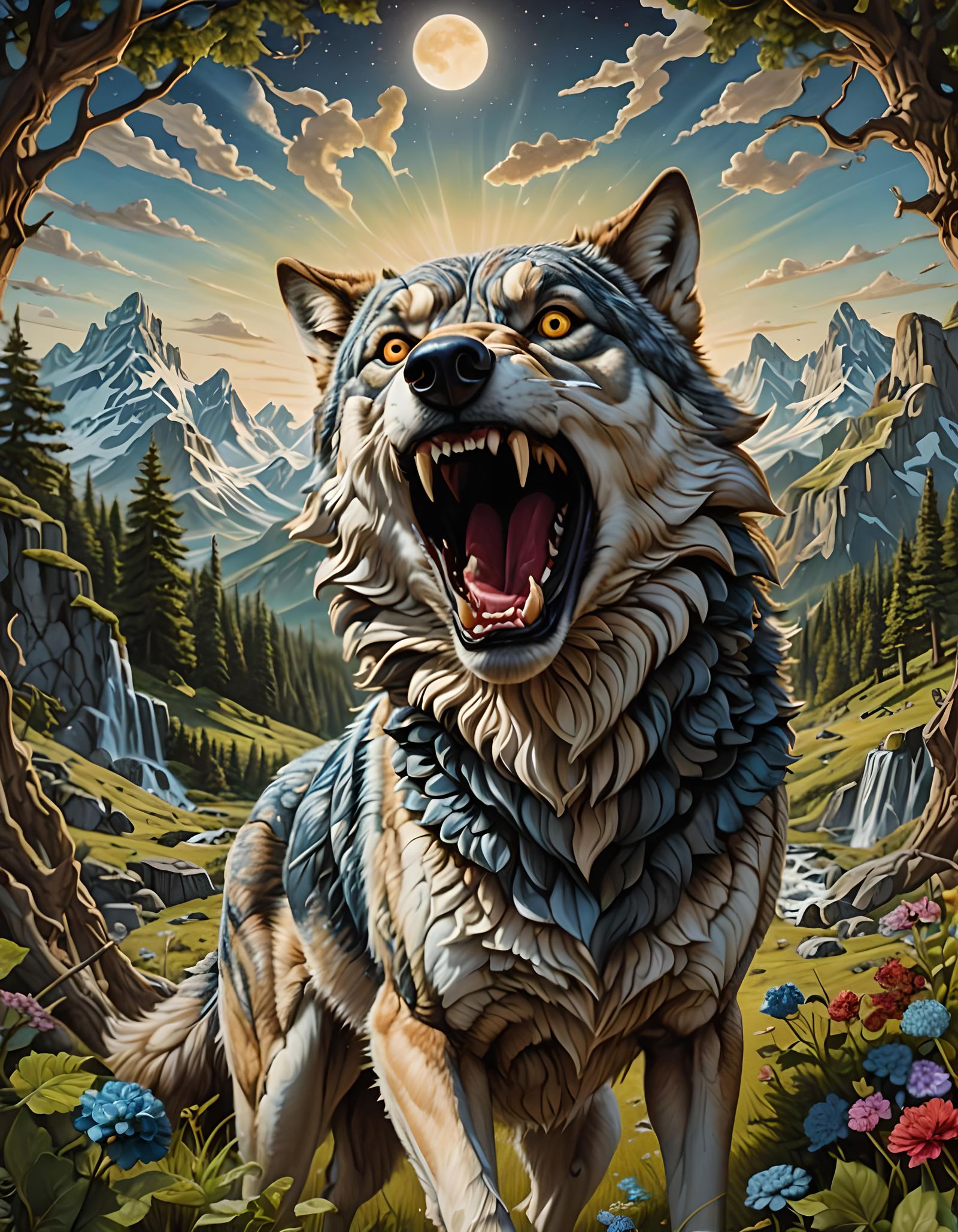 Surreal Anthropomorphic Wolf Devouring Fantasy Landscape