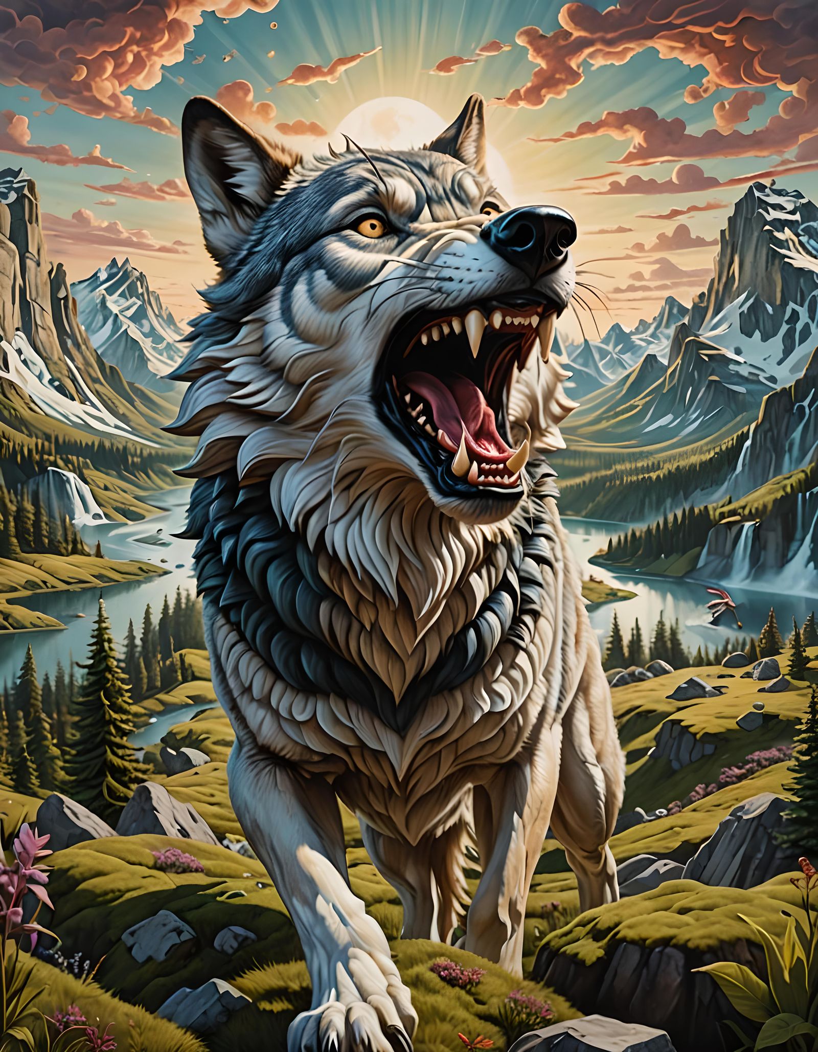 Surreal Wolf Devouring a Fantastical Landscape