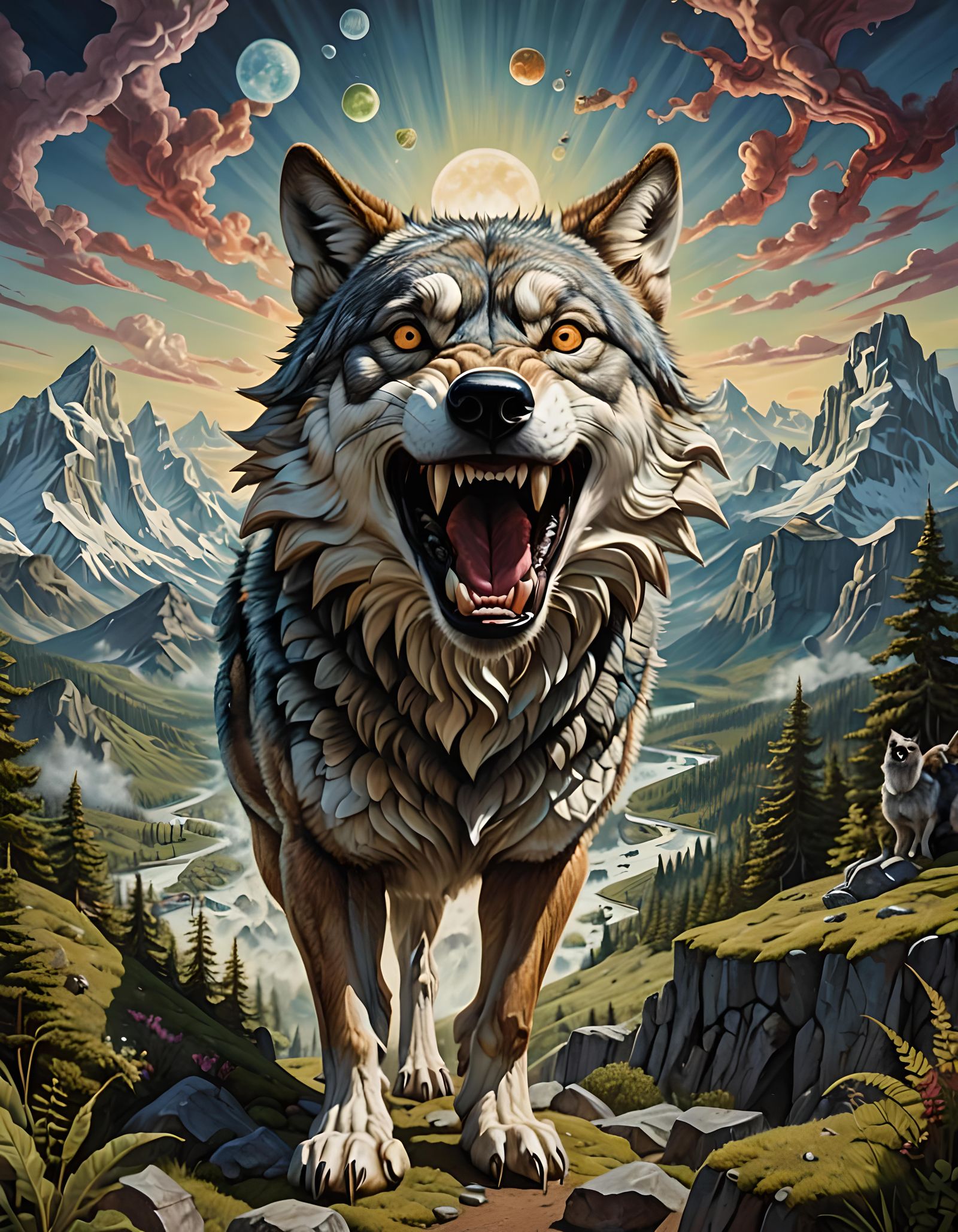 Surreal Anthropomorphic Wolf Devouring a Dreamscape in 3D