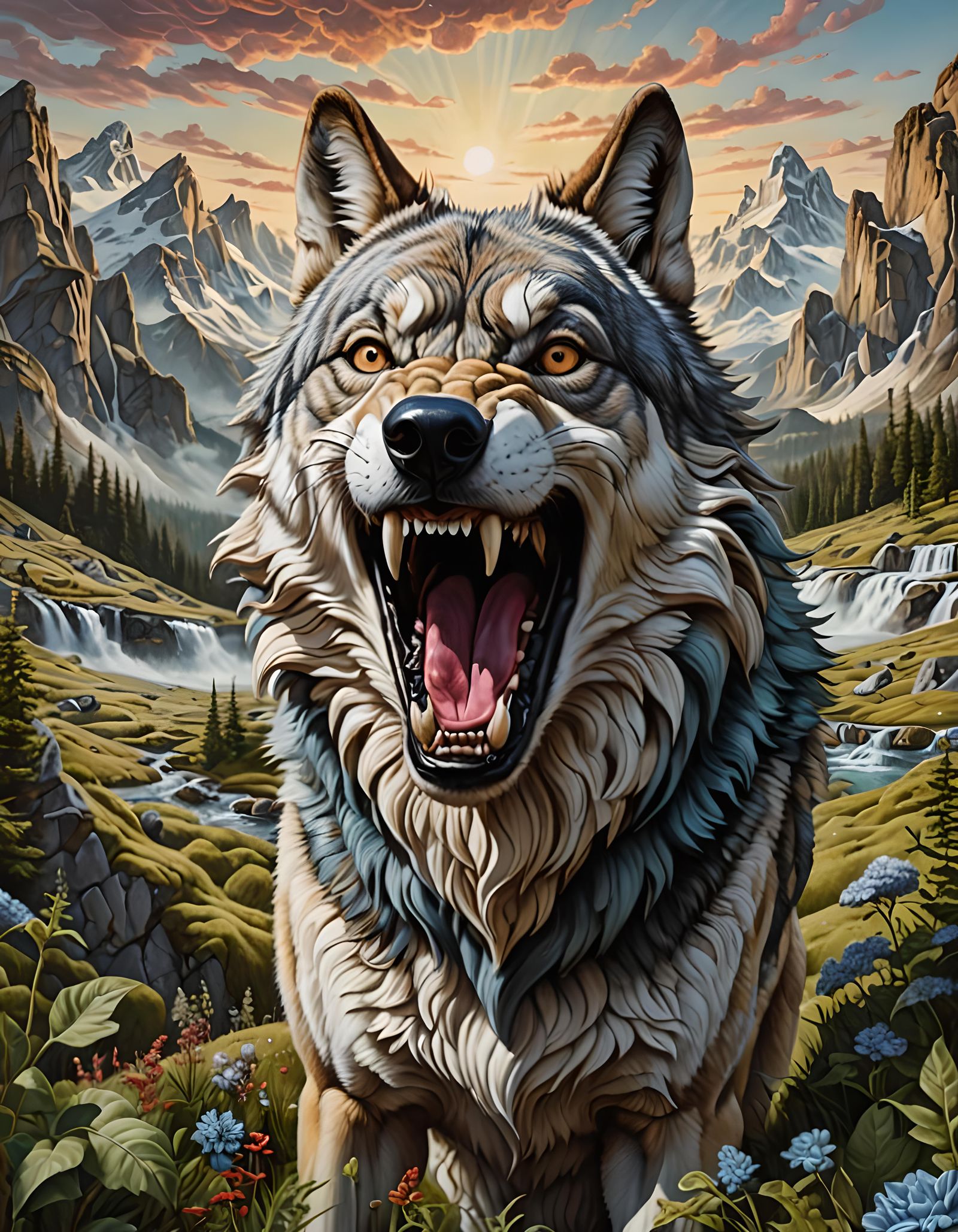 Anthropomorphic Wolf Devouring Wonderland in Surreal Op-Art