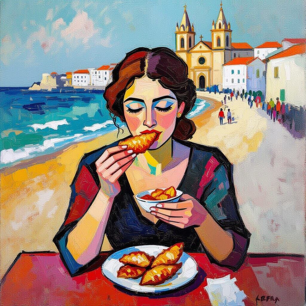 Woman Eating Fish: Neo-Impressionist Beach Scene